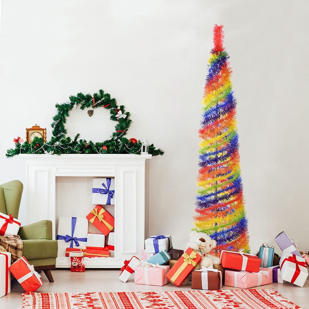 SHOKAN 5Ft Pop Up Christmas Tree, Collapsible Rainbow Christmas Tinsel Tree for Small Apartment, Colorful Artificial Pencil Xmas Tree for Indoor Outdoor Christmas Party Decorations
