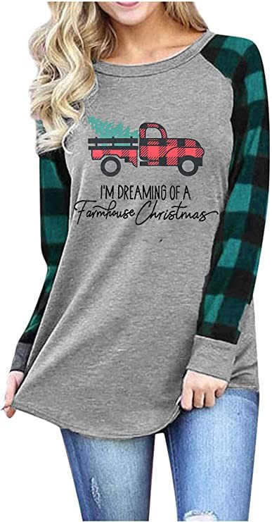 Merry Christmas Shirt Women's Christmas Long Sleeve Raglan Shirt Christmas Plaid Truck Tree Pattern Shirt, -1, Medium