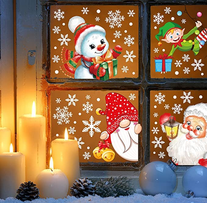 350PCS Christmas Decorations Snowflakes Window Clings Vintage Xmas Winter Decals Santa Clause Gnome Elf Snowman Reindeer Party Cling Decor