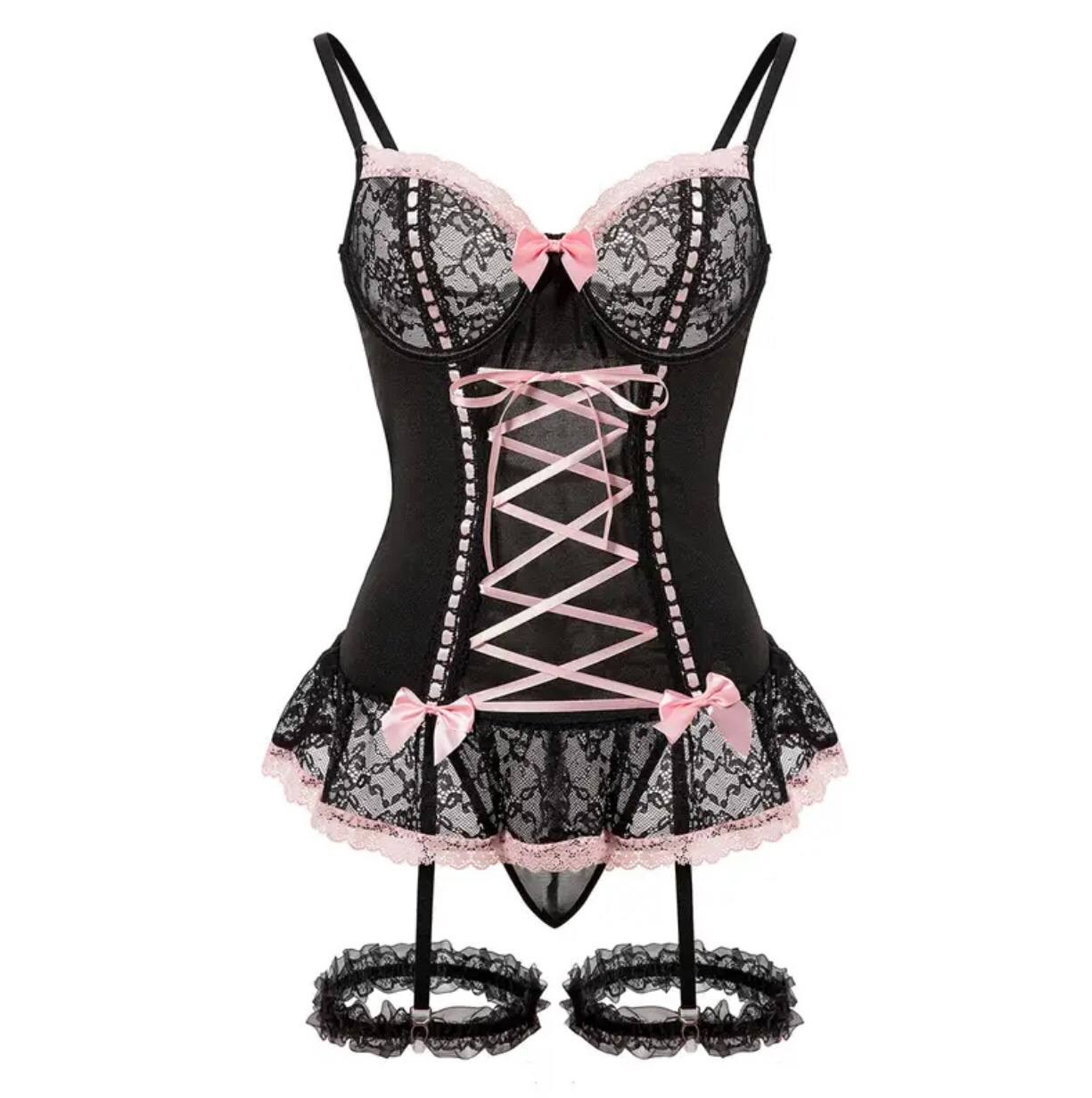 Sexy Mesh Corset Ruffle Lace Up Underwire Sheer Garter Belt Babydoll Lingerie Set With Thong 3 Piece Women